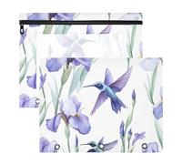 Quteprint 2-Pack Pencil Pouch for 3 Ring Binder, Hummingbirds Purple Iris Flower Binder Pencil Case A4 File Bag with Zipper Clear Window, Durable Binder Organizer Large Capacity for School Office Make