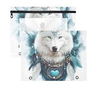Quteprint 2-Pack Pencil Pouch for 3 Ring Binder, Indian Heart Feathers Wolf Binder Pencil Case A4 File Bag with Zipper Clear Window, Durable Binder Organizer Large Capacity for School Office Makeup