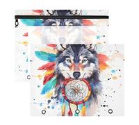 Quteprint 2-Pack Pencil Pouch for 3 Ring Binder, Indian Watercolor Wolf Boho Binder Pencil Case A4 File Bag with Zipper Clear Window, Durable Binder Organizer Large Capacity for School Office Makeup