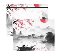 Quteprint 2-Pack Pencil Pouch for 3 Ring Binder, Japanese Landscape Boat Flowers Binder Pencil Case A4 File Bag with Zipper Clear Window, Durable Binder Organizer Large Capacity for School Office Make