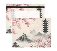 Quteprint 2-Pack Pencil Pouch for 3 Ring Binder, Japanese Landscape Cherry Blossoms Binder Pencil Case A4 File Bag with Zipper Clear Window, Durable Binder Organizer Large Capacity for School Office M