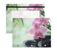 Quteprint 2-Pack Pencil Pouch for 3 Ring Binder, Japanese Zen Flower Orchid Binder Pencil Case A4 File Bag with Zipper Clear Window, Durable Binder Organizer Large Capacity for School Office Makeup