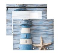 Quteprint 2-Pack Pencil Pouch for 3 Ring Binder, Lighthouse Starfish Wooden Binder Pencil Case A4 File Bag with Zipper Clear Window, Durable Binder Organizer Large Capacity for School Office Makeup