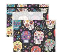 Quteprint 2-Pack Pencil Pouch for 3 Ring Binder, Mexican Floral Sugar Skulls Binder Pencil Case A4 File Bag with Zipper Clear Window, Durable Binder Organizer Large Capacity for School Office Makeup
