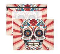 Quteprint 2-Pack Pencil Pouch for 3 Ring Binder, Mexican Sugar Skull Flower Binder Pencil Case A4 File Bag with Zipper Clear Window, Durable Binder Organizer Large Capacity for School Office Makeup