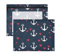 Quteprint 2-Pack Pencil Pouch for 3 Ring Binder, Navy Anchor Hearts Binder Pencil Case A4 File Bag with Zipper Clear Window, Durable Binder Organizer Large Capacity for School Office Makeup