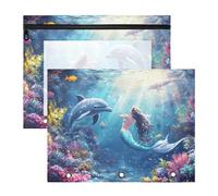 Quteprint 2-Pack Pencil Pouch for 3 Ring Binder, Ocean Dolphin Mermaid Binder Pencil Case A4 File Bag with Zipper Clear Window, Durable Binder Organizer Large Capacity for School Office Makeup