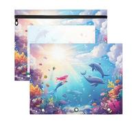 Quteprint 2-Pack Pencil Pouch for 3 Ring Binder, Ocean Sea Dolphin Mermaid Binder Pencil Case A4 File Bag with Zipper Clear Window, Durable Binder Organizer Large Capacity for School Office Makeup
