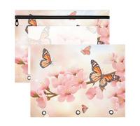 Quteprint 2-Pack Pencil Pouch for 3 Ring Binder, Pink Cherry Blossom Branch Butterfly Binder Pencil Case A4 File Bag with Zipper Clear Window, Durable Binder Organizer Large Capacity for School Offic