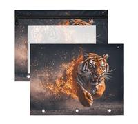 Quteprint 2-Pack Pencil Pouch for 3 Ring Binder, Running Fiery Tiger Binder Pencil Case A4 File Bag with Zipper Clear Window, Durable Binder Organizer Large Capacity for School Office Makeup