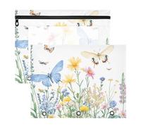 Quteprint 2-Pack Pencil Pouch for 3 Ring Binder, Spring Flower Herbs Butterfly Binder Pencil Case A4 File Bag with Zipper Clear Window, Durable Binder Organizer Large Capacity for School Office Makeup