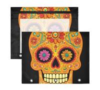 Quteprint 2-Pack Pencil Pouch for 3 Ring Binder, Sugar Skull Flower Mexican Binder Pencil Case A4 File Bag with Zipper Clear Window, Durable Binder Organizer Large Capacity for School Office Makeup
