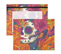 Quteprint 2-Pack Pencil Pouch for 3 Ring Binder, Sugar Skull Woman Flowers Binder Pencil Case A4 File Bag with Zipper Clear Window, Durable Binder Organizer Large Capacity for School Office Makeup