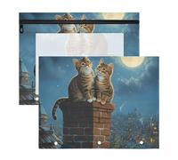 Quteprint 2-Pack Pencil Pouch for 3 Ring Binder, Two Cats City Moon Sky Binder Pencil Case A4 File Bag with Zipper Clear Window, Durable Binder Organizer Large Capacity for School Office Makeup