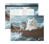 Quteprint 2-Pack Pencil Pouch for 3 Ring Binder, Two Cats on Ocean Ship Binder Pencil Case A4 File Bag with Zipper Clear Window, Durable Binder Organizer Large Capacity for School Office Makeup