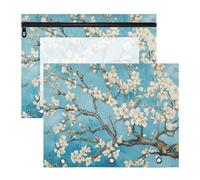 Quteprint 2-Pack Pencil Pouch for 3 Ring Binder, Van Gogh Art Japanese Flower Binder Pencil Case A4 File Bag with Zipper Clear Window, Durable Binder Organizer Large Capacity for School Office Makeup