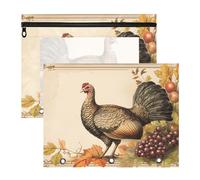Quteprint 2-Pack Pencil Pouch for 3 Ring Binder, Vintage Turkey Grapes Leaves Binder Pencil Case A4 File Bag with Zipper Clear Window, Durable Binder Organizer Large Capacity for School Office Makeup