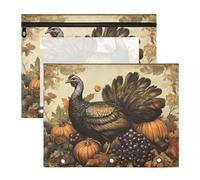 Quteprint 2-Pack Pencil Pouch for 3 Ring Binder, Vintage Turkey Pumpkin Grapes Binder Pencil Case A4 File Bag with Zipper Clear Window, Durable Binder Organizer Large Capacity for School Office Makeup