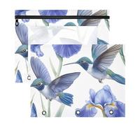Quteprint 2-Pack Pencil Pouch for 3 Ring Binder, Watercolor Hummingbirds Iris Flower Binder Pencil Case A4 File Bag with Zipper Clear Window, Durable Binder Organizer Large Capacity for School Office