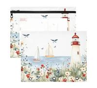 Quteprint 2-Pack Pencil Pouch for 3 Ring Binder, Watercolor Lighthouse Ship Flowers Binder Pencil Case A4 File Bag with Zipper Clear Window, Durable Binder Organizer Large Capacity for School Office M
