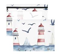 Quteprint 2-Pack Pencil Pouch for 3 Ring Binder, Watercolor Ocean Lighthouse Binder Pencil Case A4 File Bag with Zipper Clear Window, Durable Binder Organizer Large Capacity for School Office Makeup
