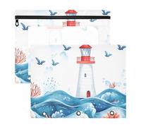 Quteprint 2-Pack Pencil Pouch for 3 Ring Binder, Watercolor Sea Lighthouse Birds Binder Pencil Case A4 File Bag with Zipper Clear Window, Durable Binder Organizer Large Capacity for School Office Make