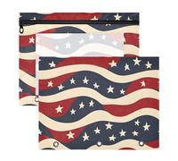 Quteprint 2-Pack Pencil Pouch for 3 Ring Binder, Wavy American Flag Stars Binder Pencil Case A4 File Bag with Zipper Clear Window, Durable Binder Organizer Large Capacity for School Office Makeup