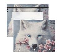 Quteprint 2-Pack Pencil Pouch for 3 Ring Binder, Wolf Cherry Blossoms Flower Tree Binder Pencil Case A4 File Bag with Zipper Clear Window, Durable Binder Organizer Large Capacity for School Office Mak