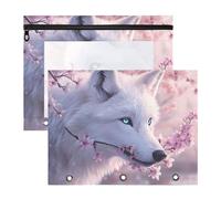 Quteprint 2-Pack Pencil Pouch for 3 Ring Binder, Wolf Tree Flower Cherry Blossoms Binder Pencil Case A4 File Bag with Zipper Clear Window, Durable Binder Organizer Large Capacity for School Office Mak