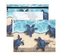 Quteprint 2-Pack Pencil Pouch for 3 Ring Binder, Wooden Beach Sea Turtle Binder Pencil Case A4 File Bag with Zipper Clear Window, Durable Binder Organizer Large Capacity for School Office Makeup