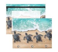 Quteprint 2-Pack Pencil Pouch for 3 Ring Binder, Wooden Beach Turtle Binder Pencil Case A4 File Bag with Zipper Clear Window, Durable Binder Organizer Large Capacity for School Office Makeup