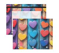 Quteprint 2-Pack Pencil Pouch for 3 Ring Binder, Wooden Colorful Hearts Binder Pencil Case A4 File Bag with Zipper Clear Window, Durable Binder Organizer Large Capacity for School Office Makeup