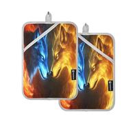 Quteprint 2 Pack Pot Holders, Fire Two Wolves Facing Wolf 7x9.8 inch Heat Resistant Oven Mitts Gloves Hot Pads with Non-Slip Pockets, 170°C Heatproof Potholder Set for Kitchen, BBQ, Microwave, Table P