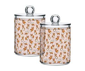 Quteprint 2 Pack Qtip Holder Dispenser, Dog Corgi Pattern Clear Plastic Jar Bathroom Canister Storage for Cotton Swab, Cotton Ball, Floss Picks, Hair Clips, Makeup Sponges