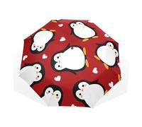 Quteprint 3 Folds Travel Umbrella, Cute Penguin Love Pattern Windproof Folding Rain Umbrella, 8 Ribs Durable Umbrella, Portable Sun UV Resistant Lightweight Compact Umbrella for Car Men Women