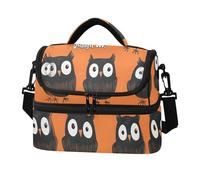 Quteprint Black Animal Owls Double Deck Insulated Lunch Bag for Women Men, 8L Dual Layer Cooler Bag with Adjustable Shoulder Strap, Leakproof Thermal Lunch Box for Work Picnic Outdoor