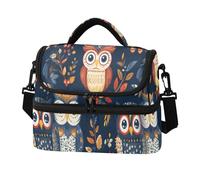 Quteprint Cartoon Owls Tree Branch Double Deck Insulated Lunch Bag for Women Men, 8L Dual Layer Cooler Bag with Adjustable Shoulder Strap, Leakproof Thermal Lunch Box for Work Picnic Outdoor