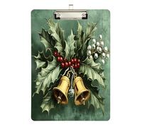 Quteprint Christmas Bells Holly Leaves Acrylic Clipboard, 9" x 12.5" Clear Scratch-Resistant Clip Board with (Silver) Metal Clip & Wall Hook - 0.25" Thick for Office Classroom Nurses Teachers Students