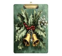 Quteprint Christmas Bells Holly Leaves Acrylic Clipboard, 9" x 12.5" Clear Scratch-Resistant Clip Board with (Gold) Metal Clip & Wall Hook - 0.25" Thick for Office Classroom Nurses Teachers Students