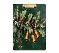 Quteprint Christmas Holly Leaves Bells Acrylic Clipboard, 9" x 12.5" Clear Scratch-Resistant Clip Board with (Gold) Metal Clip & Wall Hook - 0.25" Thick for Office Classroom Nurses Teachers Students