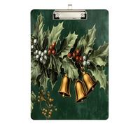 Quteprint Christmas Holly Leaves Bells Acrylic Clipboard, 9" x 12.5" Clear Scratch-Resistant Clip Board with (Silver) Metal Clip & Wall Hook - 0.25" Thick for Office Classroom Nurses Teachers Students