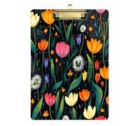 Quteprint Colorful Dandelions Flower Tulips Acrylic Clipboard, 9" x 12.5" Clear Scratch-Resistant Clip Board with (Gold) Metal Clip & Wall Hook - 0.25" Thick for Office Classroom Nurses Teachers Stude
