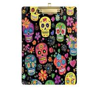 Quteprint Colorful Floral Sugar Skulls Acrylic Clipboard, 9" x 12.5" Clear Scratch-Resistant Clip Board with (Gold) Metal Clip & Wall Hook - 0.25" Thick for Office Classroom Nurses Teachers Students