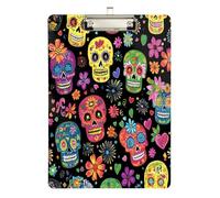 Quteprint Colorful Floral Sugar Skulls Acrylic Clipboard, 9" x 12.5" Clear Scratch-Resistant Clip Board with (Silver) Metal Clip & Wall Hook - 0.25" Thick for Office Classroom Nurses Teachers Students