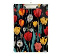 Quteprint Colorful Flower Tulips Dandelions Acrylic Clipboard, 9" x 12.5" Clear Scratch-Resistant Clip Board with (Silver) Metal Clip & Wall Hook - 0.25" Thick for Office Classroom Nurses Teachers Stu