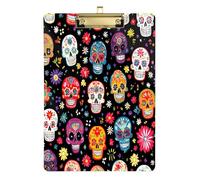 Quteprint Colorful Sugar Skull Floral Acrylic Clipboard, 9" x 12.5" Clear Scratch-Resistant Clip Board with (Gold) Metal Clip & Wall Hook - 0.25" Thick for Office Classroom Nurses Teachers Students