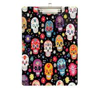 Quteprint Colorful Sugar Skull Floral Acrylic Clipboard, 9" x 12.5" Clear Scratch-Resistant Clip Board with (Silver) Metal Clip & Wall Hook - 0.25" Thick for Office Classroom Nurses Teachers Students