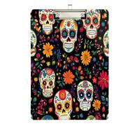 Quteprint Colorful Sugar Skulls Floral Acrylic Clipboard, 9" x 12.5" Clear Scratch-Resistant Clip Board with (Silver) Metal Clip & Wall Hook - 0.25" Thick for Office Classroom Nurses Teachers Students
