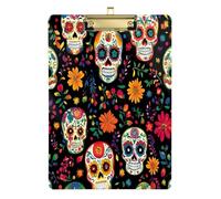 Quteprint Colorful Sugar Skulls Floral Acrylic Clipboard, 9" x 12.5" Clear Scratch-Resistant Clip Board with (Gold) Metal Clip & Wall Hook - 0.25" Thick for Office Classroom Nurses Teachers Students