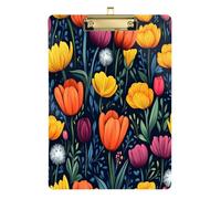 Quteprint Colorful Tulips Dandelions Flower Acrylic Clipboard, 9" x 12.5" Clear Scratch-Resistant Clip Board with (Gold) Metal Clip & Wall Hook - 0.25" Thick for Office Classroom Nurses Teachers Stude